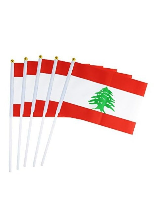 علم لبنان الوطني حجم A5 يدوي مع عصا – قماش بالألوان الأحمر والأبيض مع شجرة الأرز الخضراء – عبوة 5 قطع - Image 1